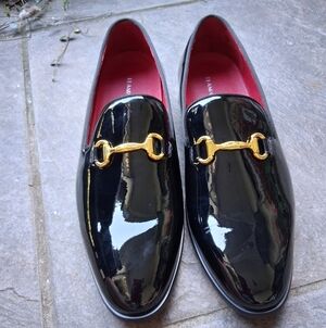New Elanroman Mens 47, US 12 Patent Leather BLACK Formal.Shoes Gold Hardware